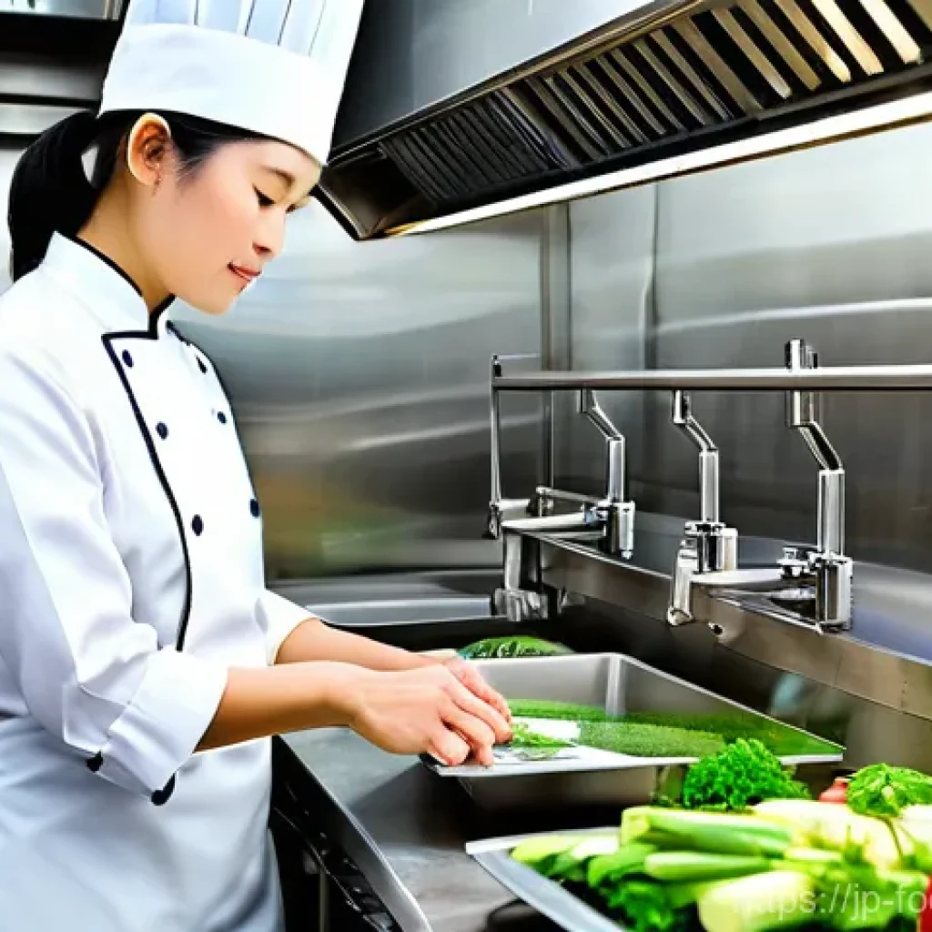 식품 위생 관리 법규 - **HACCP in a Vibrant Japanese Cafe Kitchen**
    "A clean, brightly lit, modern Japanese cafe kitche...