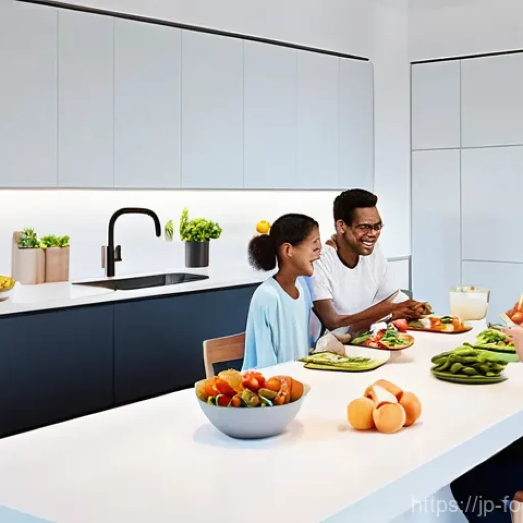식품 원료의 기능성 증진 기술 - **Prompt:** A futuristic, brightly lit kitchen and dining area. A diverse family – a mother, father,...