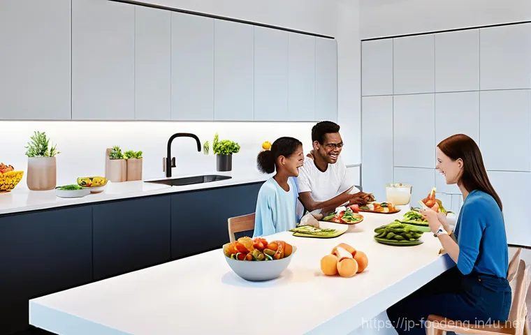 식품 원료의 기능성 증진 기술 - **Prompt:** A futuristic, brightly lit kitchen and dining area. A diverse family – a mother, father,...