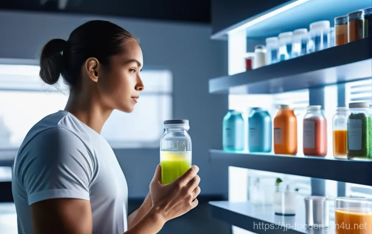 기능성 음료 개발 - **"Personalized Wellness Drink of the Future"**
    A highly detailed, realistic image depicting a b...