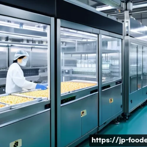 식품 공정 자동화 - A modern Japanese food manufacturing factory interior showcasing advanced sensor technology in actio...