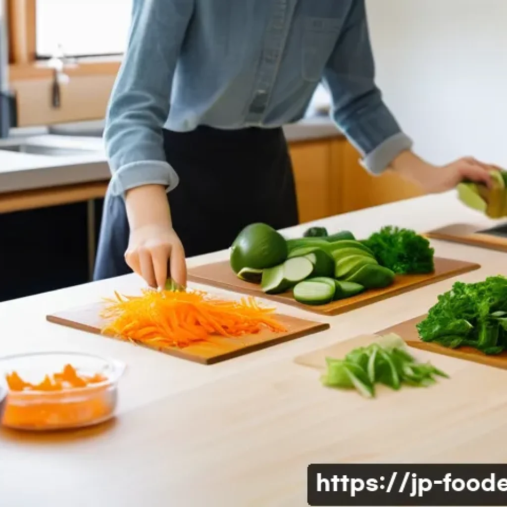 식품 폐기물 재활용 - A modern Japanese kitchen scene with a family preparing meals efficiently: a mother chopping vegetab...