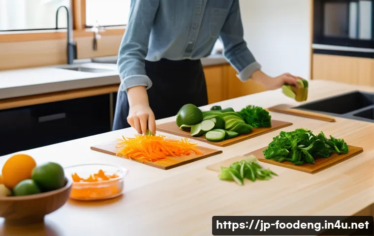 식품 폐기물 재활용 - A modern Japanese kitchen scene with a family preparing meals efficiently: a mother chopping vegetab...