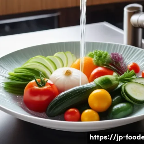 식품 유해물질 제거 기술 - A detailed scene of a modern Japanese kitchen countertop with fresh organic vegetables and fruits be...