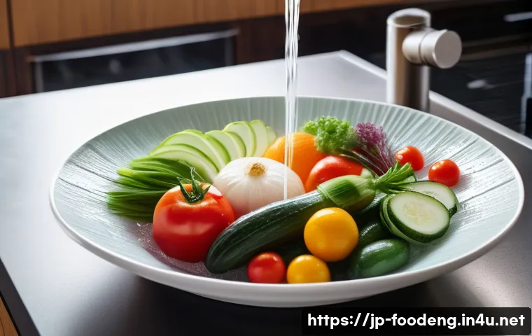 식품 유해물질 제거 기술 - A detailed scene of a modern Japanese kitchen countertop with fresh organic vegetables and fruits be...