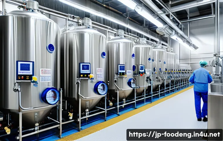 저온살균법과 고온살균법 - A detailed cross-sectional illustration of a modern dairy processing plant focusing on low-temperatu...