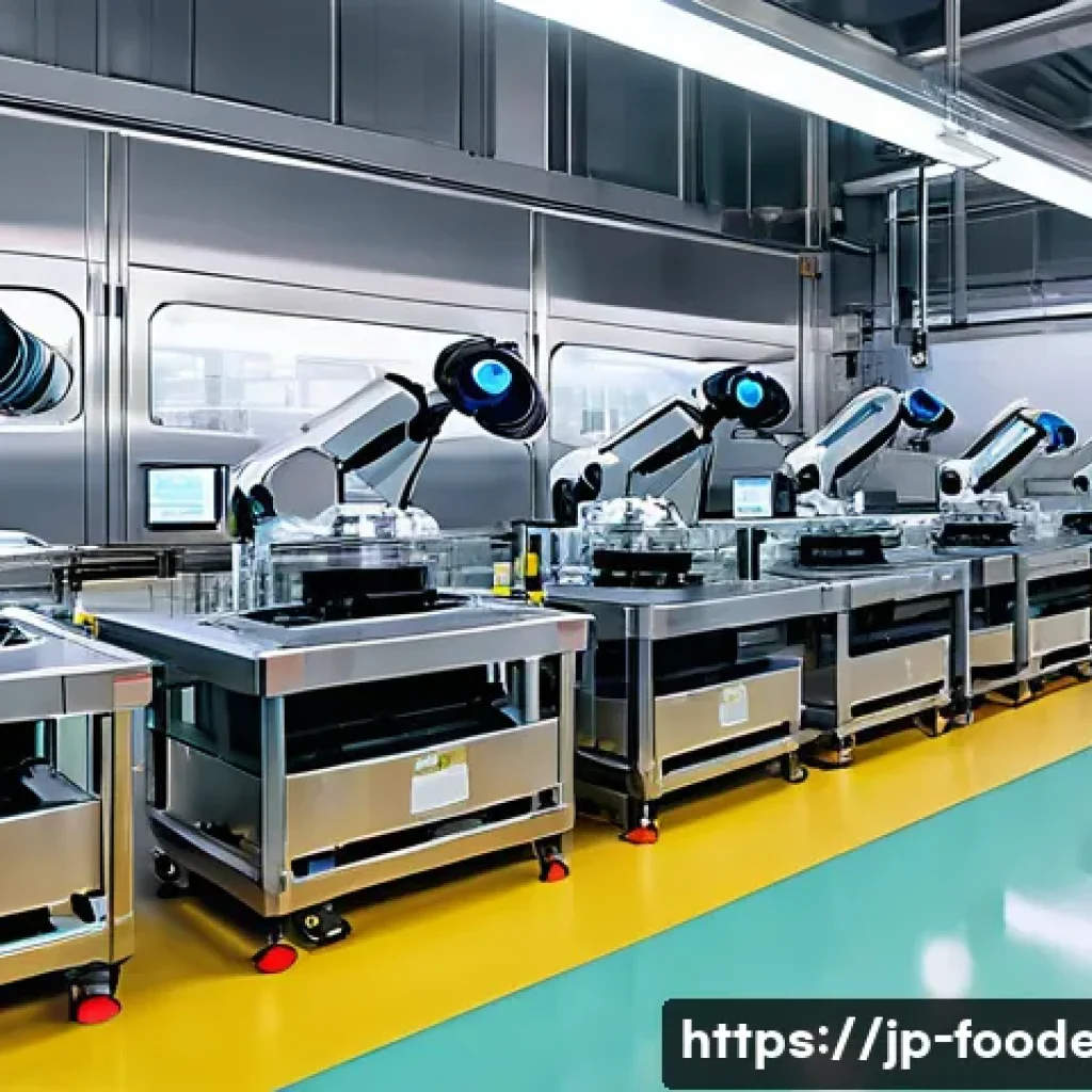 식품 산업에서의 인공지능 로봇 활용 - A modern Japanese food factory production line featuring advanced AI-powered robots performing repet...