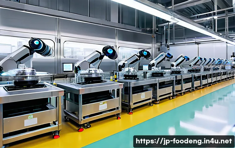 식품 산업에서의 인공지능 로봇 활용 - A modern Japanese food factory production line featuring advanced AI-powered robots performing repet...