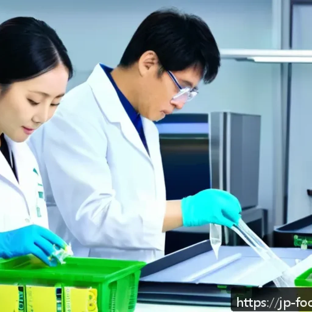 식품공학 실험에서의 신소재 활용 - A high-tech laboratory scene focused on sustainable food packaging development: showcase scientists ...
