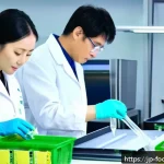 식품공학 실험에서의 신소재 활용 - A high-tech laboratory scene focused on sustainable food packaging development: showcase scientists ...