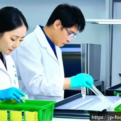 식품공학 실험에서의 신소재 활용 - A high-tech laboratory scene focused on sustainable food packaging development: showcase scientists ...