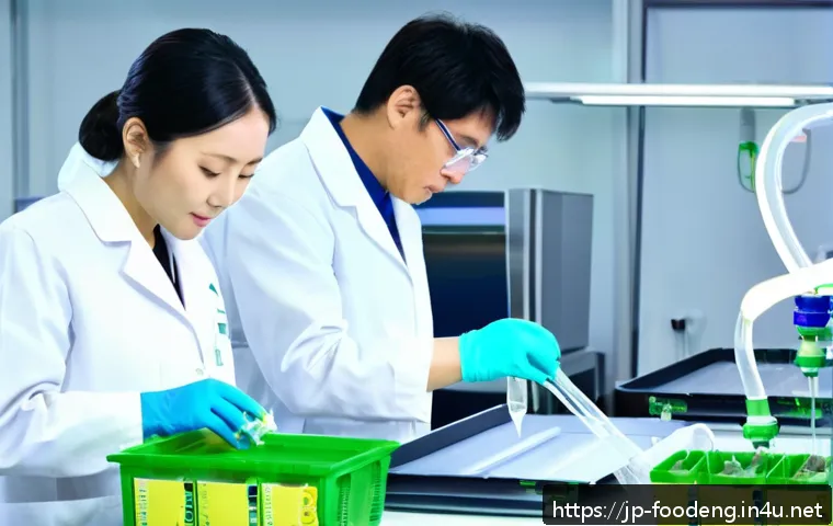 식품공학 실험에서의 신소재 활용 - A high-tech laboratory scene focused on sustainable food packaging development: showcase scientists ...