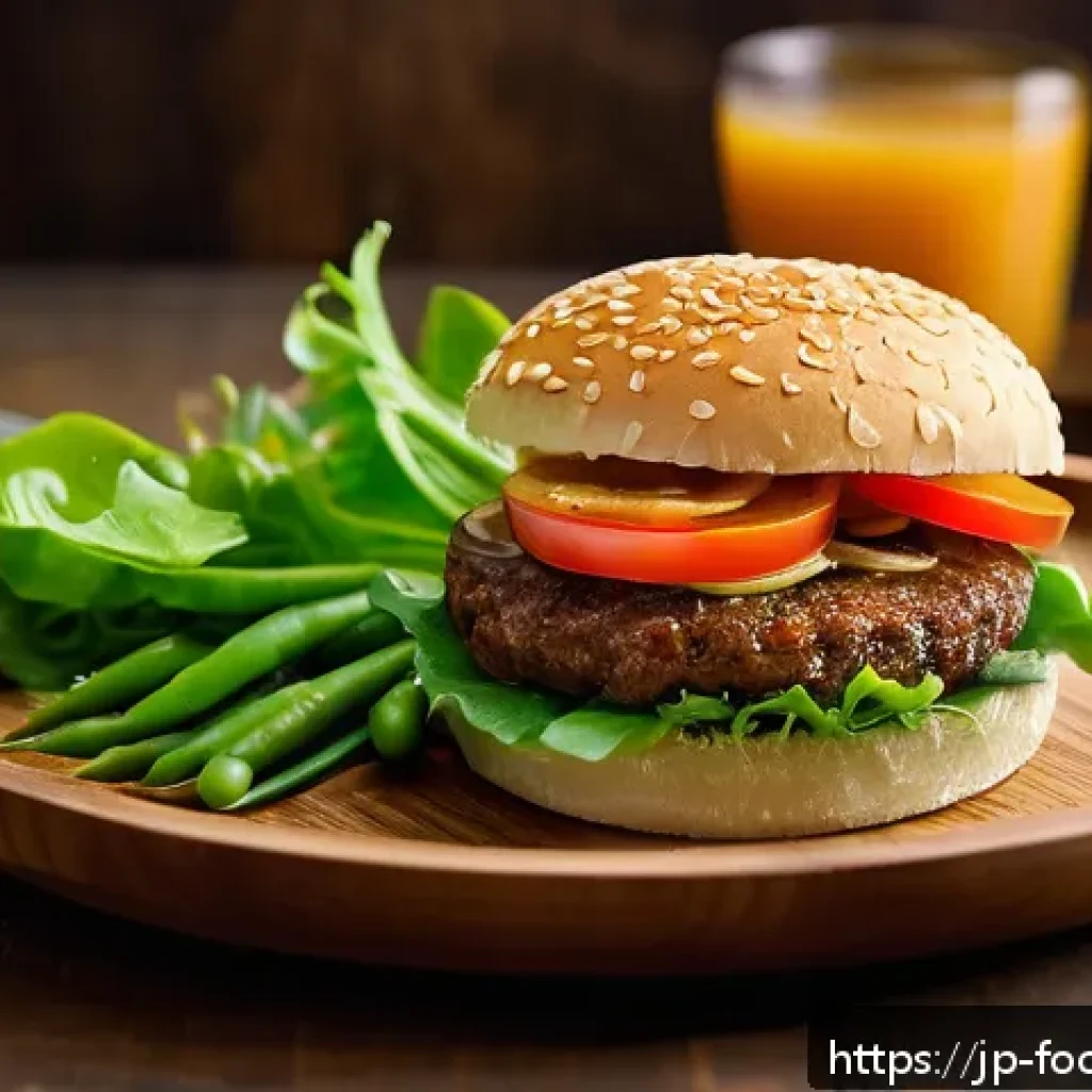 고기 대체 식품 연구 - A vibrant close-up of a plant-based meat alternative dish styled like a juicy hamburger patty on a r...