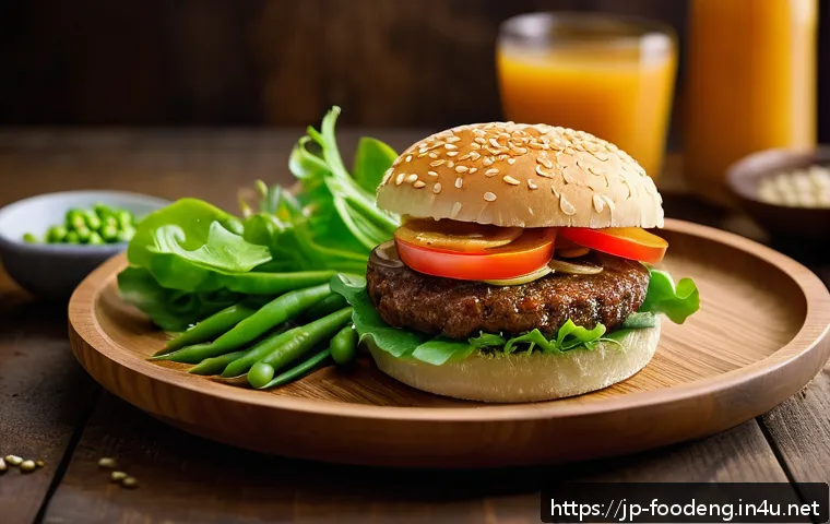 고기 대체 식품 연구 - A vibrant close-up of a plant-based meat alternative dish styled like a juicy hamburger patty on a r...