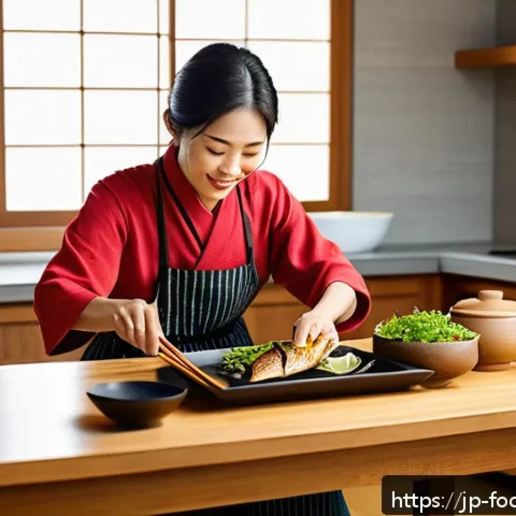 식품에서의 오메가3 연구 - A modern Japanese kitchen scene featuring a middle-aged Japanese woman preparing a healthy meal with...