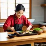 식품에서의 오메가3 연구 - A modern Japanese kitchen scene featuring a middle-aged Japanese woman preparing a healthy meal with...