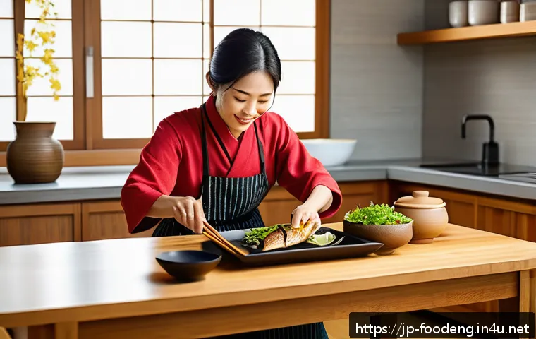 식품에서의 오메가3 연구 - A modern Japanese kitchen scene featuring a middle-aged Japanese woman preparing a healthy meal with...