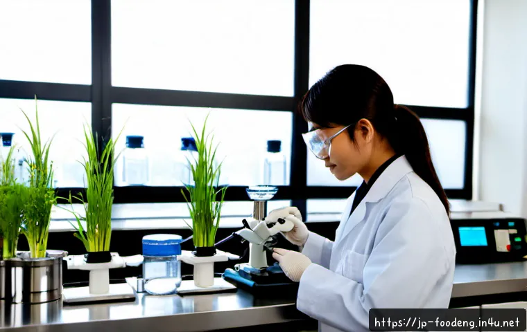 식품공학과 생명공학의 관계 - Photorealistic modern Japanese university laboratory showing the relationship between food engineeri...