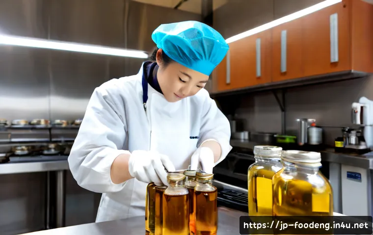 식품 가공 중 지방 산화 방지 - Photorealistic food processing laboratory scene, a technician in clean white protective clothing and...