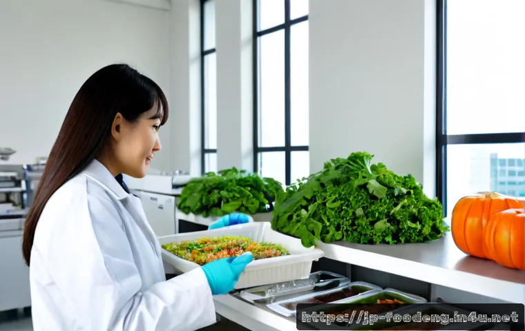 식품포장재 개발 트렌드 - Photorealistic sustainable food packaging development scene in a clean Japanese innovation laborator...
